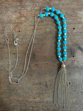 Unsigned Gold Tone Tassel Turquoise Bead Necklace 34”